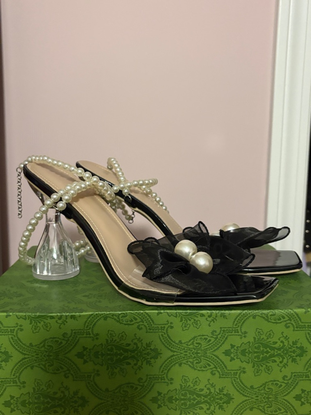Black Pearl-Accent Slide Heels